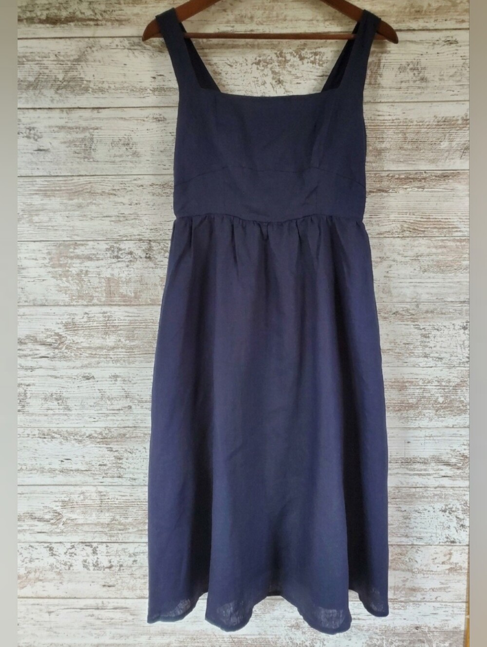 Quince Navy Blue European Linen Fit Flare Smocked Midi Dress
